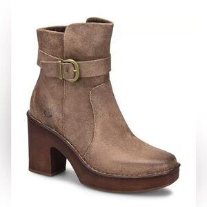 BORN Hailey Buckle Platform Leather Bootie/Side Zip US 9.5 M Taupe Distressed